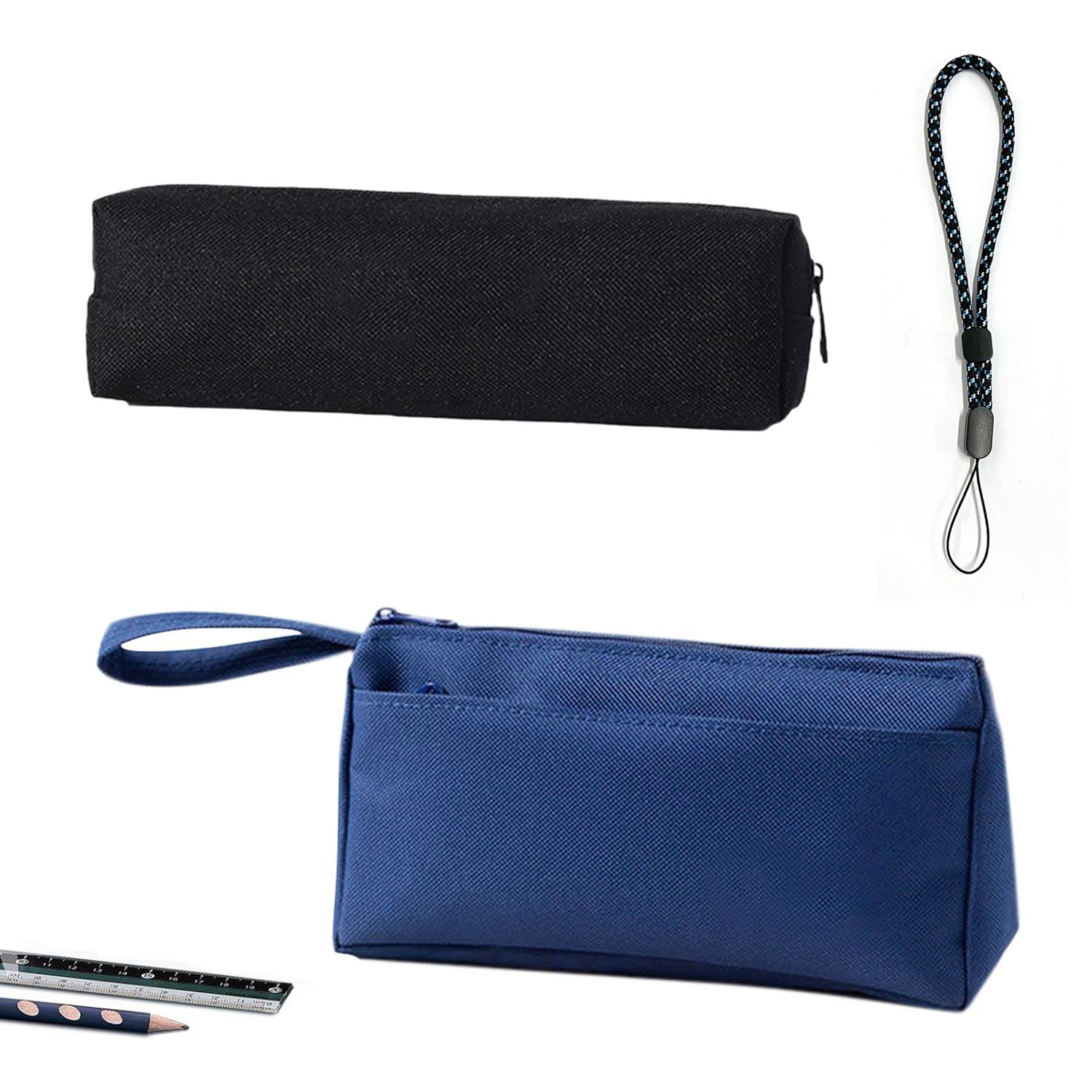 CQQNIU 2-Pack Large Capacity Organizer Pencil Pockets and 1 Adjustable Lanyard, Large Stationery Organizer for Office College Students (Black Navy Blue)