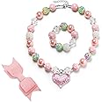 VCMART Girls Gilitter Heart Chunky Bubblegum Bead Necklace & Bracelet Set Fashion Jewelry Pendant with Gift Box