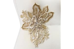 HHQ Beaded Sequin Flower Applique for Dress Waist Sew on Floral Patches Black Gold White Crystal Beads Bodice Accessory for Wedding Dresses DIY Decorative Clothes (Gold)