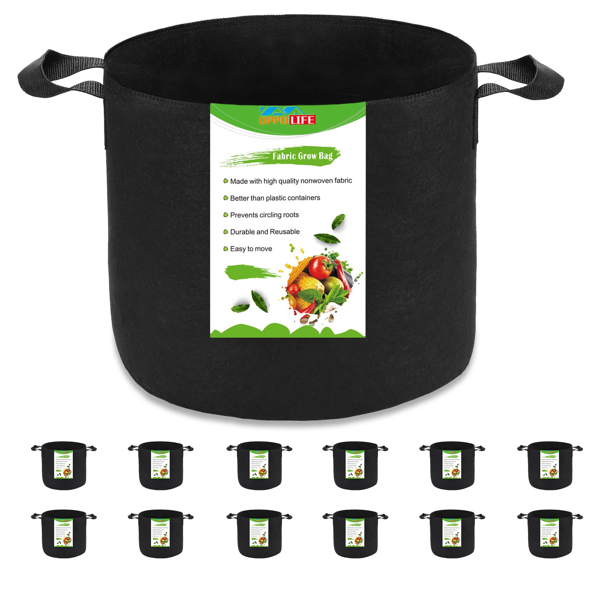 OPPOLIFE 12-Pack 3 Gallon Plant Grow Bags, Heavy Duty Aeration Fabric Pots with Handles for Garden and Planting Outdoor (Black)