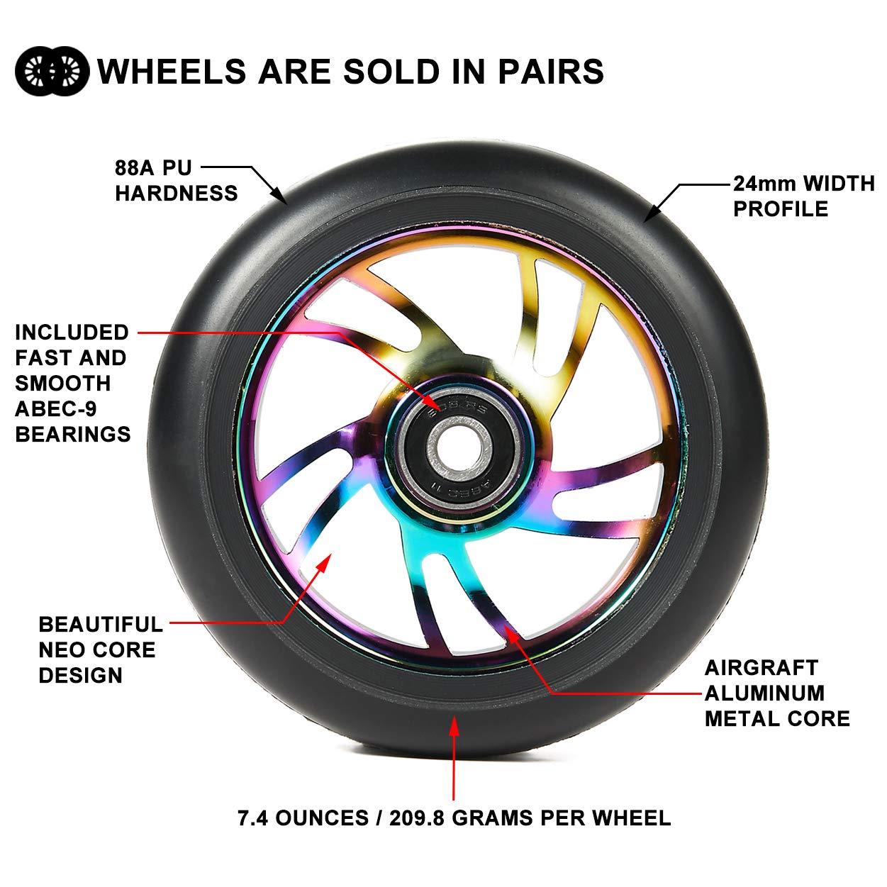 100mm Scooter Wheels - Pro Scooter Wheels 100mm Pair - Neo Oil Slick 100mm Metal Scooter Wheels Replacement - Pro Scooter Wheels 100mm - 24mm x 100mm - Bearings Installed - Scooter Wheels for Kids