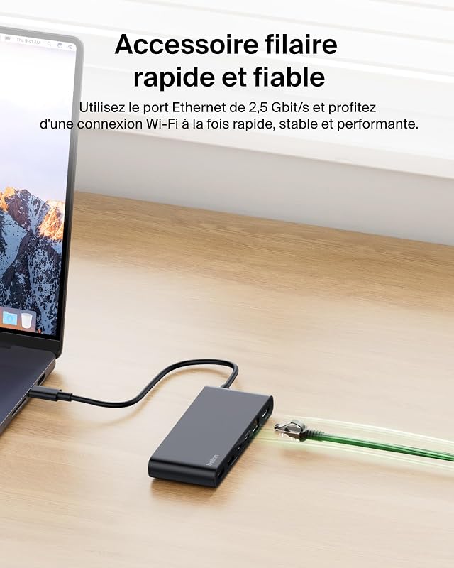 Connect Hub USB C 8-en-1, Prise en Charge De La Résolution 4K à 60 Hz, Fonctionne avec Mac, Windows, Chromebook, PD de 100 W, Transfert De Données De 10 Gbit/s, Ethernet De 2,5 Gbit/s - Noir