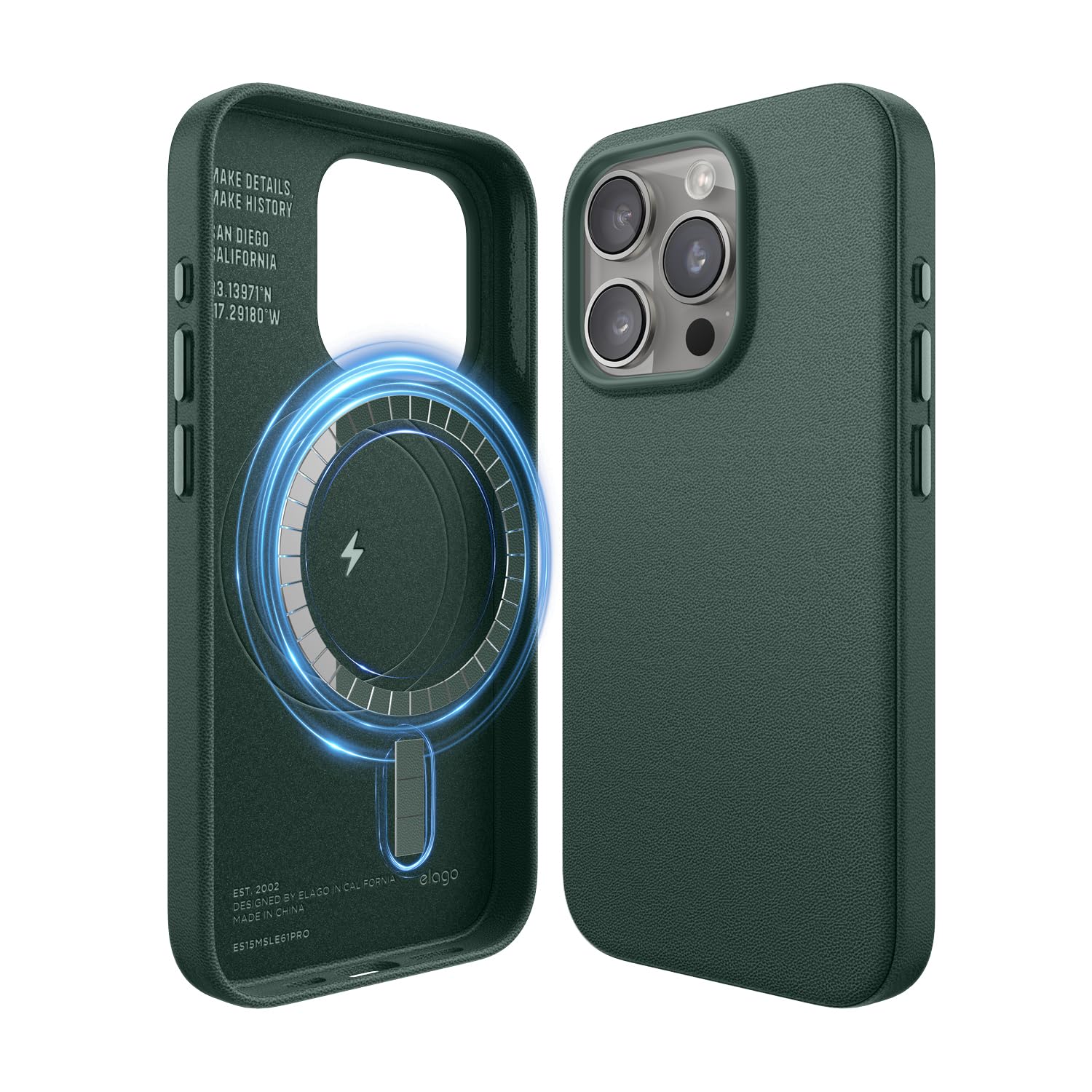 elago Magnetic Leather Case Compatible with iPhone 15 Pro Case, Compatible with MagSafe, Premium Vegan PU Leather, Built-in Strong Magnets, Full Body Protection [5 Layer Structure] (Midnight Green) — image 1