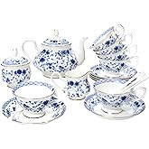 LE POTOCIO Bone China Tea Set, 21-Pieces Porcelain Tea Set for Adults, Tea Cups And Saucers for 6, with Teapot, Spoons, Sugar Bowl, Creamer Pitcher, Vintage Tea Set for Women Tea Party (Blue)