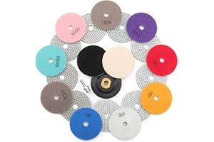GIANTOOL 4 Inch Diamond Polishing Pads with 5/8’’-11 Rubber Backer, 13 Pcs Wet Dry Polish Pad Kit for Drill Grinder Polisher, 50-8000 Grit Pads for Concrete Marble Granite Stone Quartz