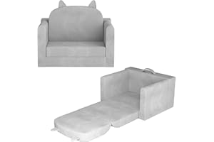 ORWIPO Kids Sofa Bed with Removable Washable Cover & Backrest – Foldable Toddler Chair, Cozy Crystal Velvet Furniture for Playtime, Naps & Travel (Gray, Bear Design)