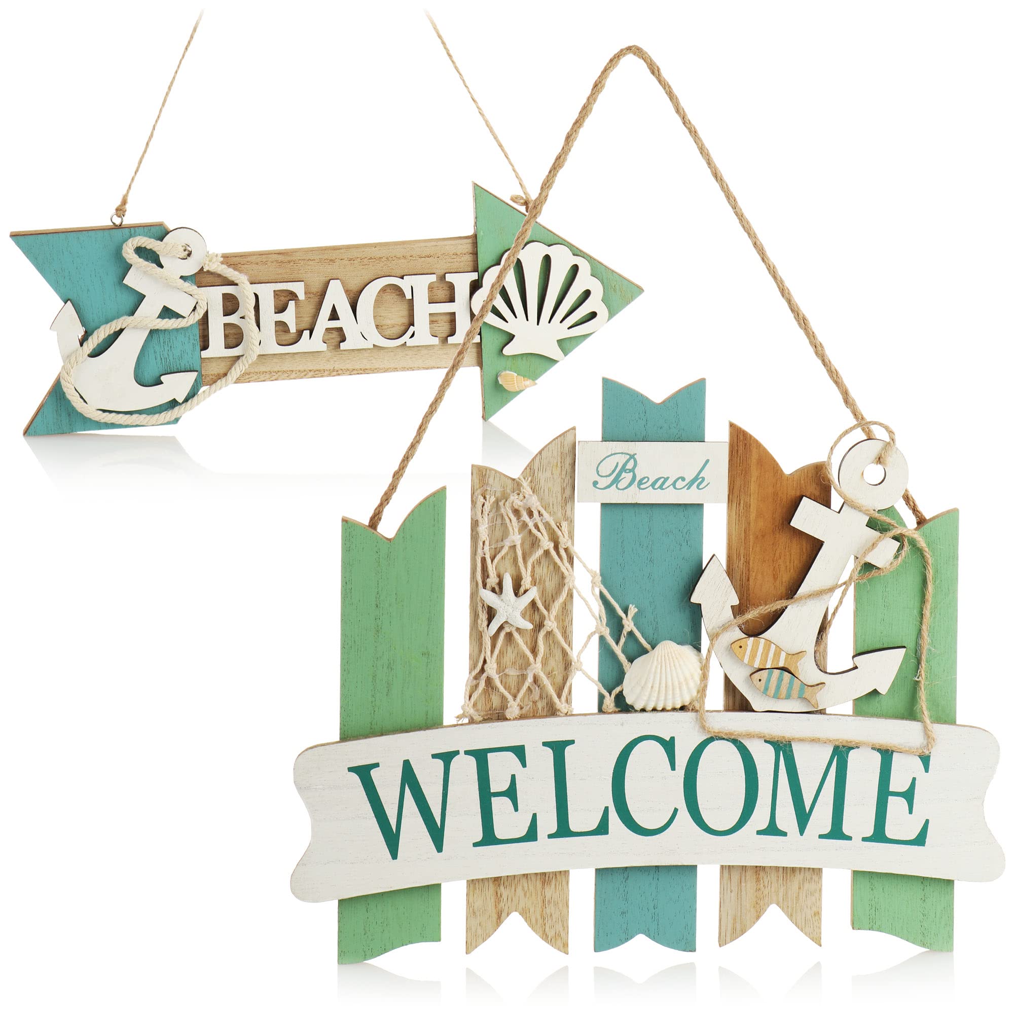 COM-FOUR® 2x hanging decoration made of wood - door sign in coastal design - maritime vintage wall decoration - decorative hanger (2 pieces - fence + arrow green-blue)