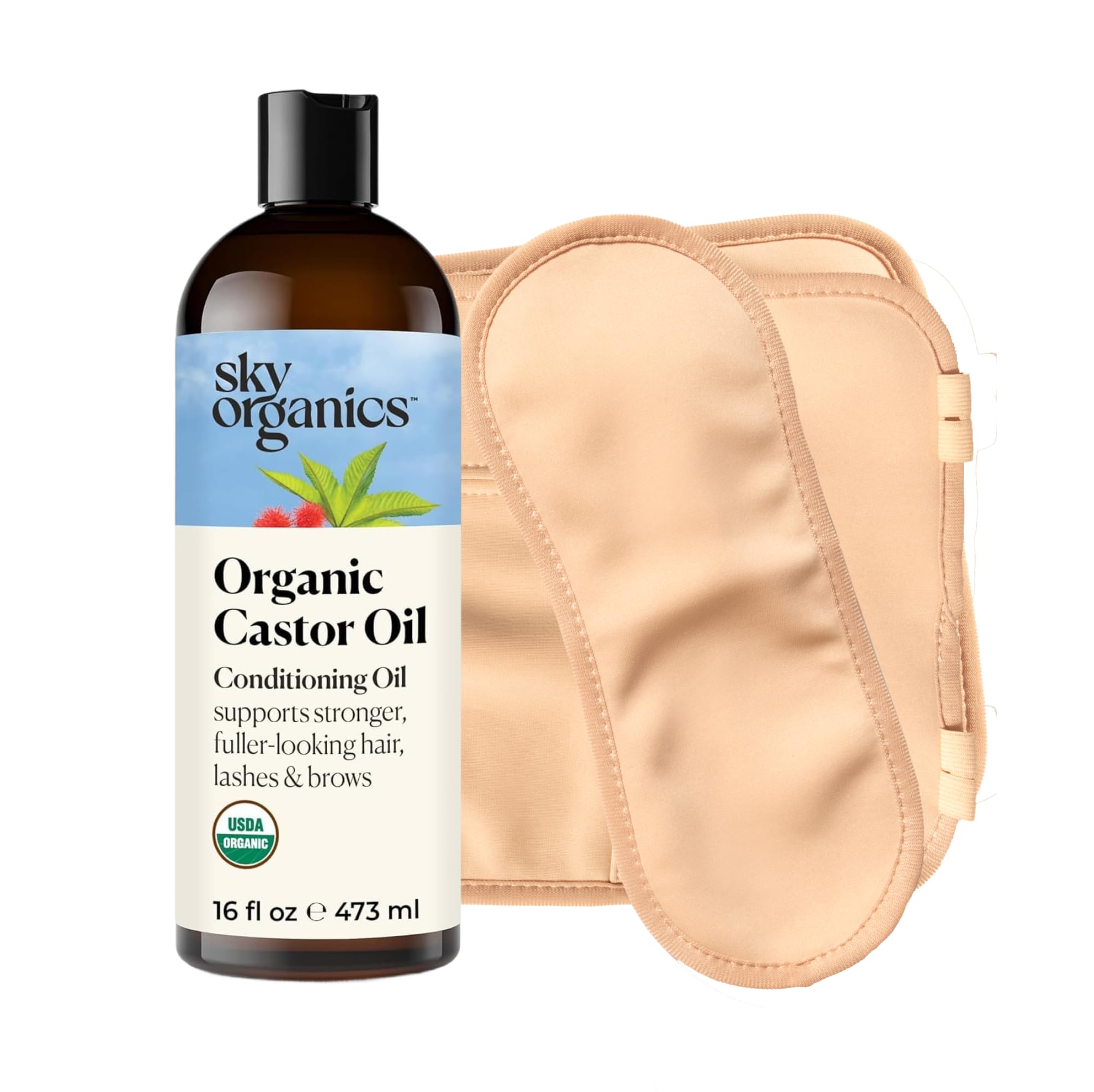 Sky Organics 16oz Castor Oil w/Wraps | Reusable Organic Castor Oil Pack to Boost Body's Wellness, Encourage Rest & Relaxation | Adjustable Elastic Straps Cotton Durable Easy to Use Image