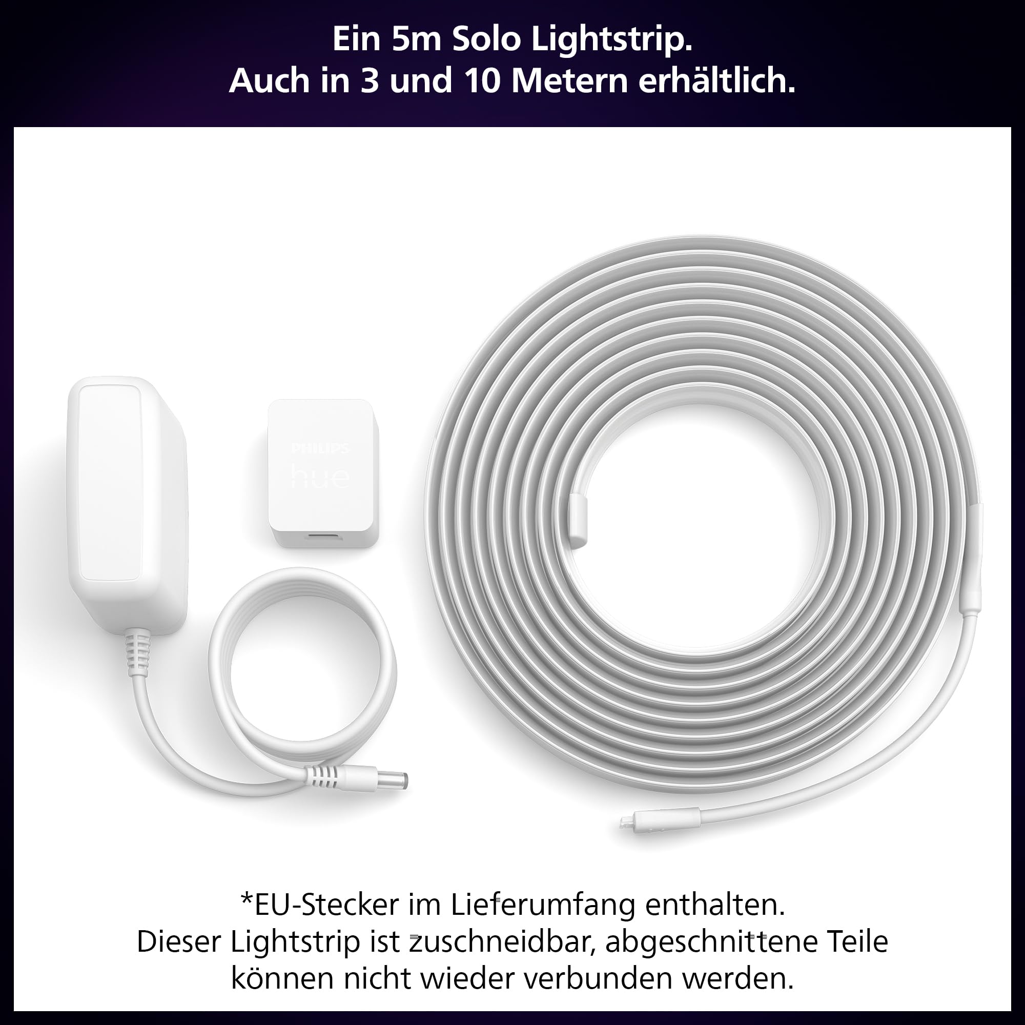 Philips Hue Indoor 5m Smart LED Solo Lightstrip Basis-Set, 1er-Pack, indirekte Beleuchtung mit der Hue App steuerbar, LED Streifen funktioniert mit Alexa, Google Assistant und Apple HomeKit 2