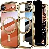 Misscase for iPhone Air Case with Privacy Screen Protector,Compatible with MagSafe,Cute Wave Frame Anti-Scratch Case with Camera Lens Protector Plating Bling Case for iPhone 17 Air Gold