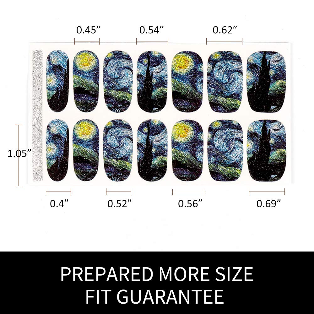 3D Van Gogh's Starry Night Fullnail Stickers, Full Nail Starry Sky Art Gel Nail Polish Sticker Decals, Shimmery Glittery, Long Lasting, Easy to Apply & Remove - 2 Sheets(28 Nail Wraps) and 1 File - Image 4