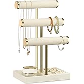 3 Tier Bracelet Holder Display - Beige Velvet Jewelry Organizer Stand, Detachable T Bar Jewelry Holder for Bracelet, Necklace