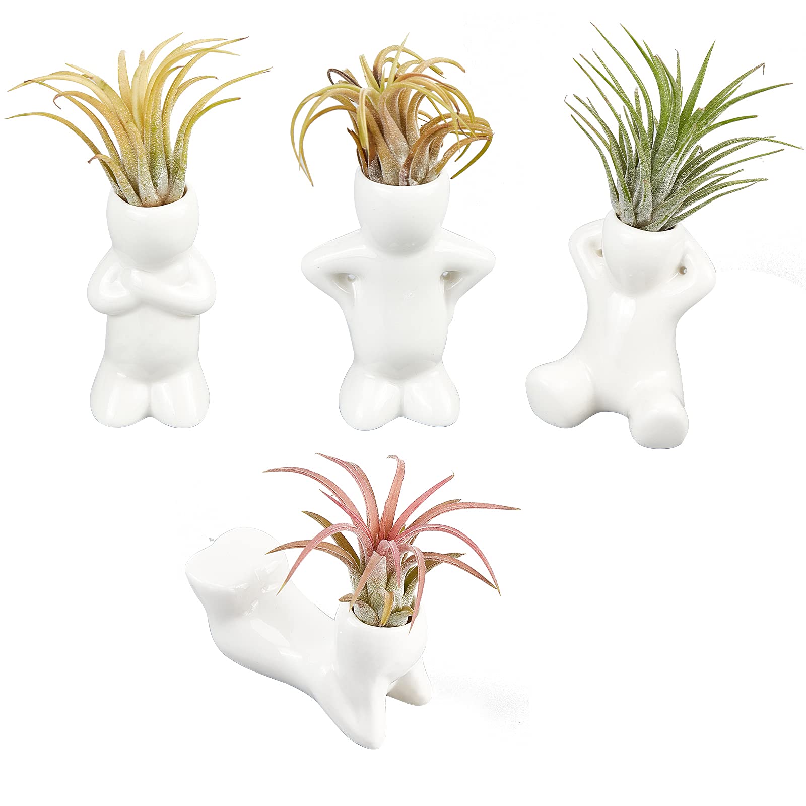 AHANDMAKER 4 Pcs Air Plant Holder Flower Pots, Small Ceramic Air Head Family People Planters, Table Top Display Vase for DIY Mini Plant Home Office Desk Window Decor Air Head Collector Birthday Gift