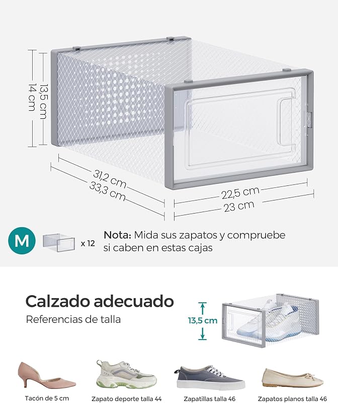 Cajas de Zapatos Plástico, Juego de 18 Organizadores de Almacenamiento, Caja Zapatero Plástico Plegable y Apilable para Zapatillas hasta talla 44, Transparente y Gris LSP006G18
