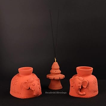 Swadeshi Blessings Exclusive Range Handcrafted Designer Elephant Clay Diya + Free Clay Agarbatti Stand for Home Decor, Puja Rooms, Diwali Decorations, Diwali/Corporate Gifts(Set of 2 + Free Stand)