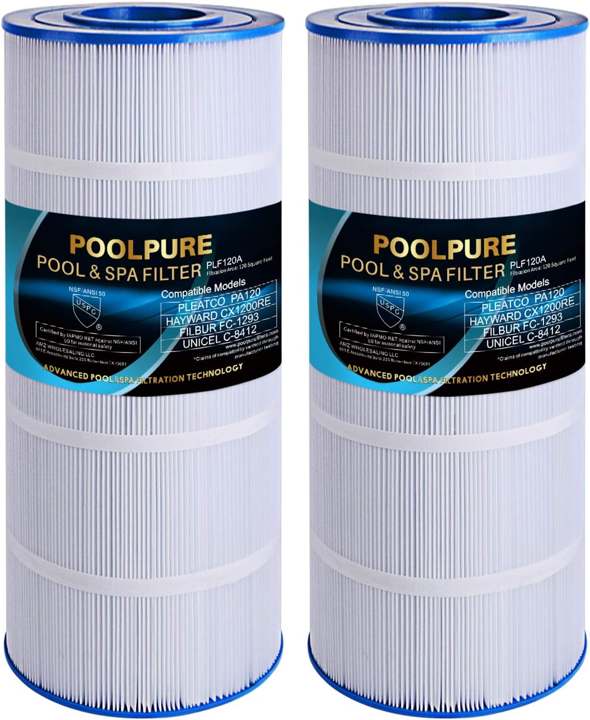 POOLPURE Replacement Filter for Hayward C1200, CX1200RE, Pleatco PA120, Unicel C-8412, Filbur FC-1293, Clearwater II 125, Pro Clean 125, 817-0125N, Aladdin 22002, 120 sq.ft Filter Cartridge, Pack of 2