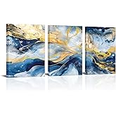 Zlove Abstract Wall Art Modern Marble Vortex Wall Decor Blue and Gold Painting for Bedroom Living Room Office, 12"x16", 3Pcs (Blue)