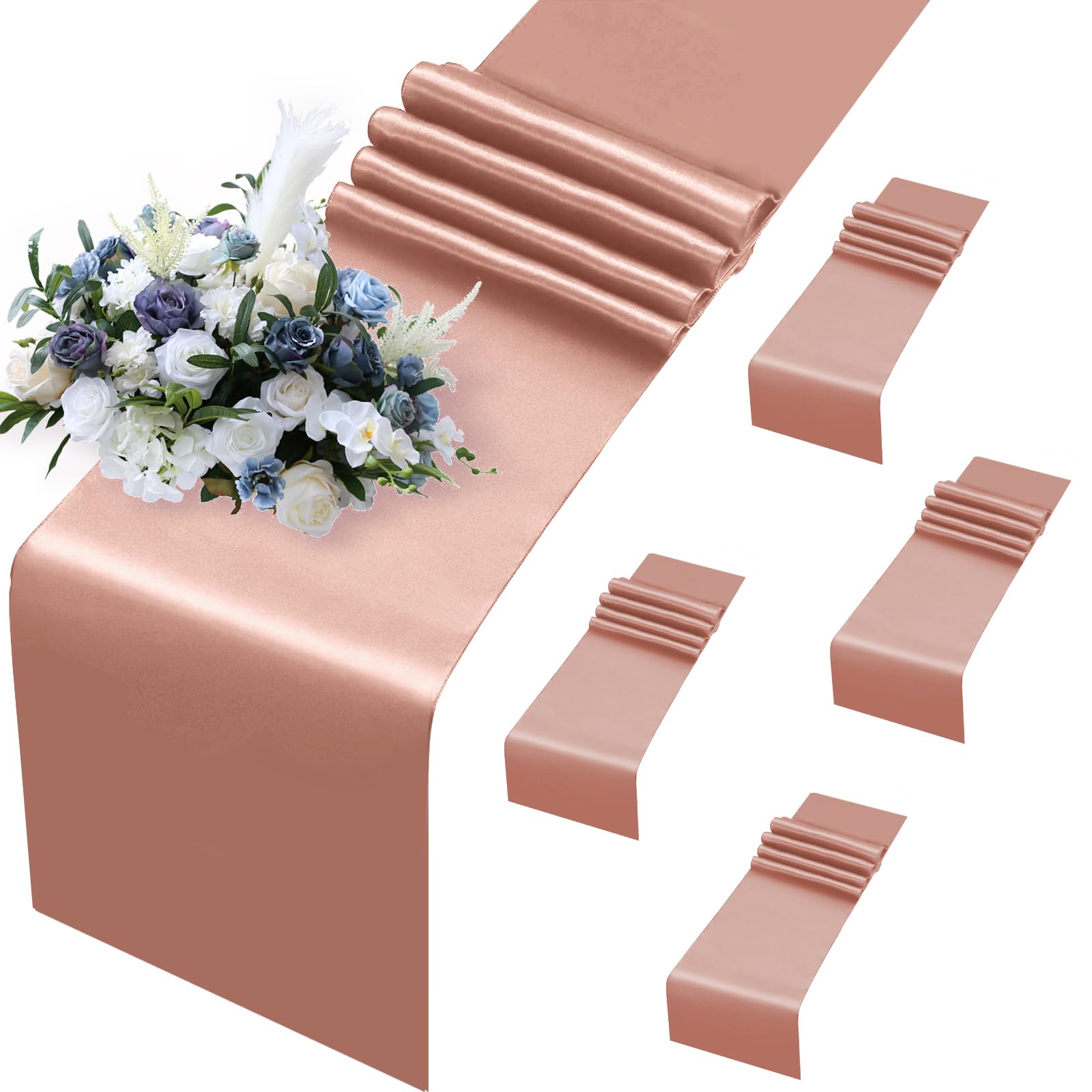 Photo 1 of MILVOWOC 5 Pack Rose Gold Satin Table Runners, 12 x 108 Inch Bright Satin Silk Table Runner Smooth Fabric Decorative Table Runner for Wedding Banquet Party Birthday Graduation
