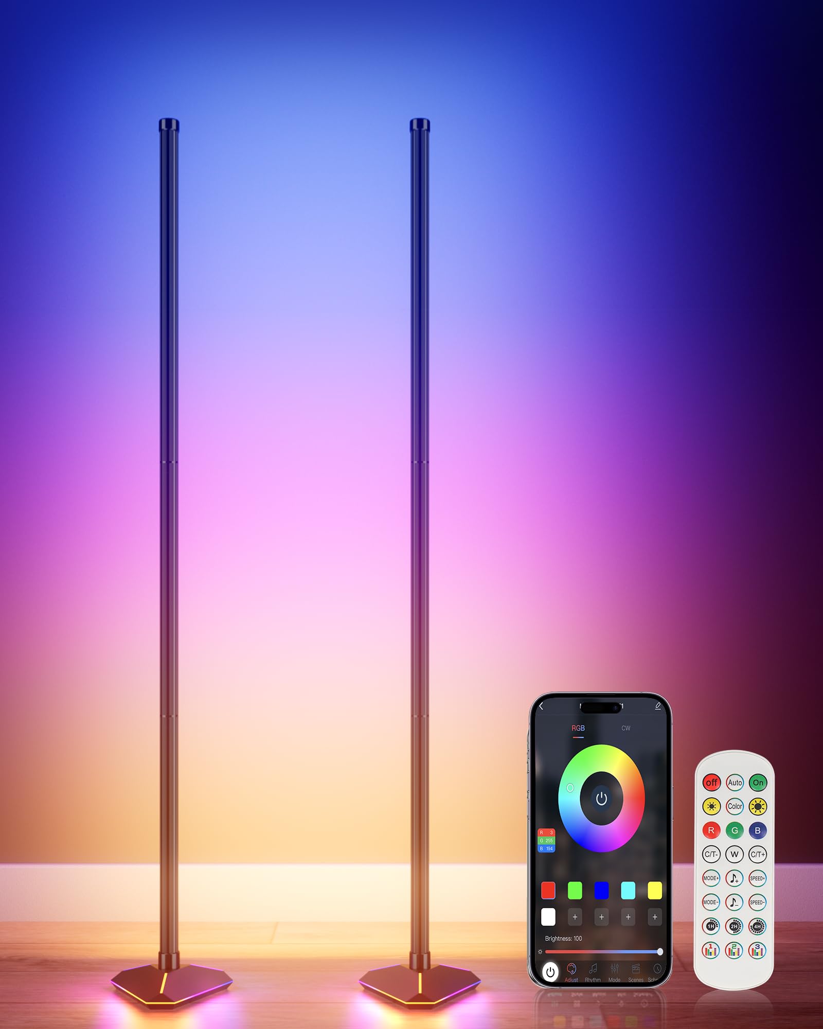 Photo 1 of YIKBIK 2PCS Floor Lamp with Illuminate Base, 50" RGB+IC Cool White LED Floor Lamp Color Changing 24V with Music Sync 16 Million DIY Colors Modern Smart Stand Lamp for Bedroom, Living Room, Studio