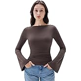SUUKSESS Women Crew Neck Bell Sleeve Tops Double Lined Going Out Fitted Basic T Shirts