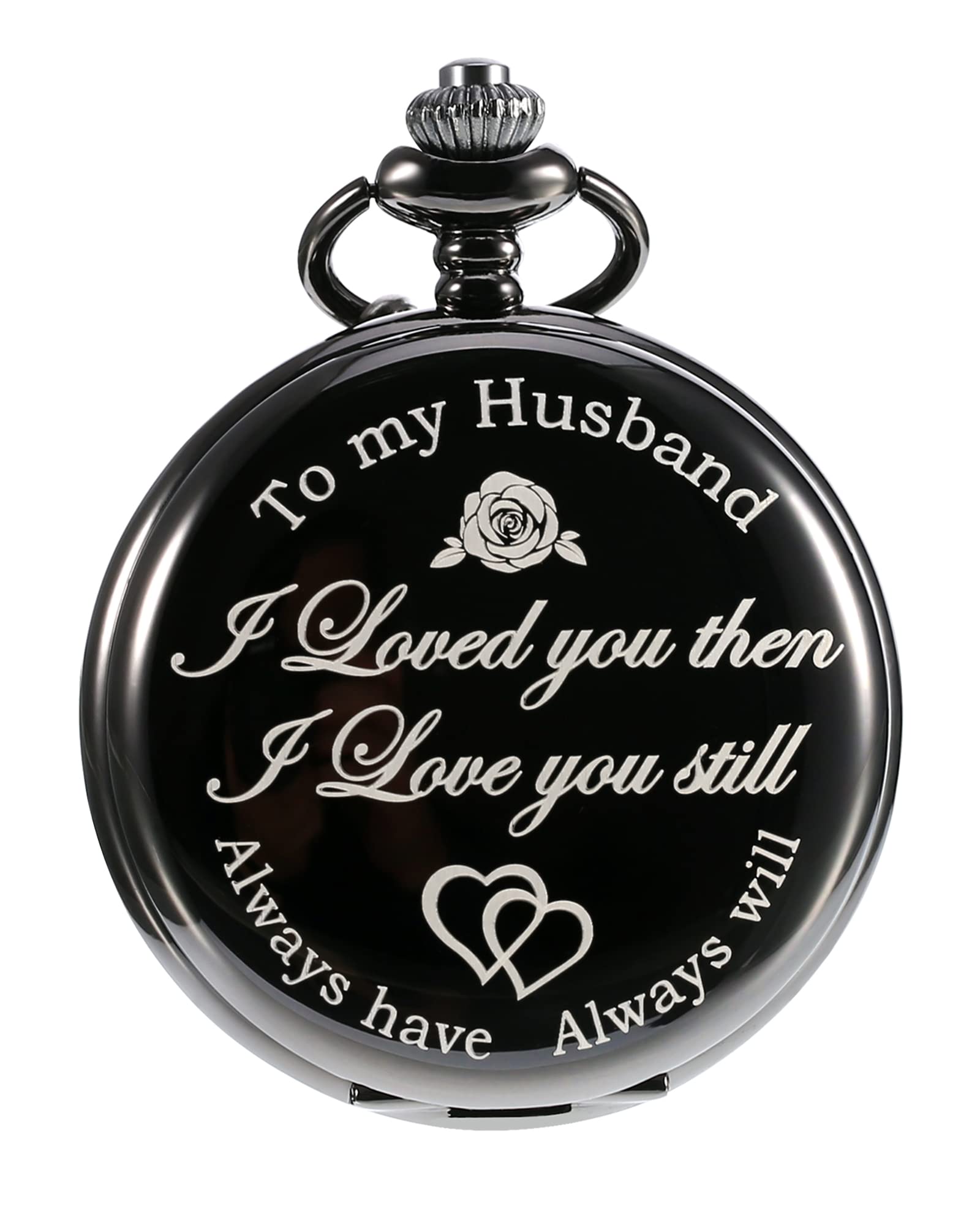 Pangda Quartz Pocket Watch to Husband Gift, Engraved Pocket Watch (Black Case and Dial)
