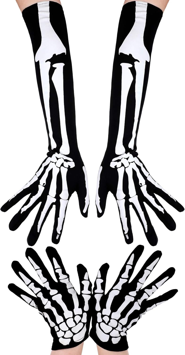 2 Pairs Halloween Skeleton Gloves Long Short Skull Claw Ghost Bone Gloves for Halloween Cosplay Party Props at  Women’s Clothing store