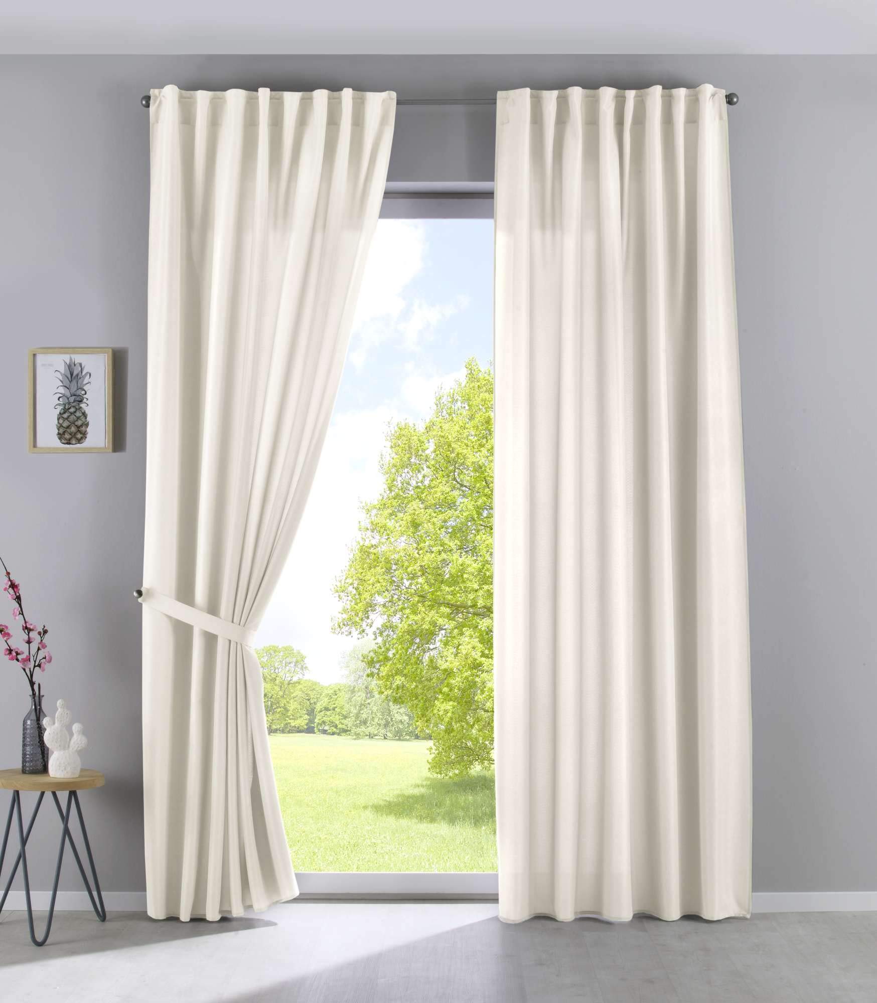Gardinenbox Set of 2 Cationic Jena Opaque Linen Look Curtains Mottled Curtain Tape with Tie Backs, 100% Polyester, Cream, H x W 145 x 140 cm