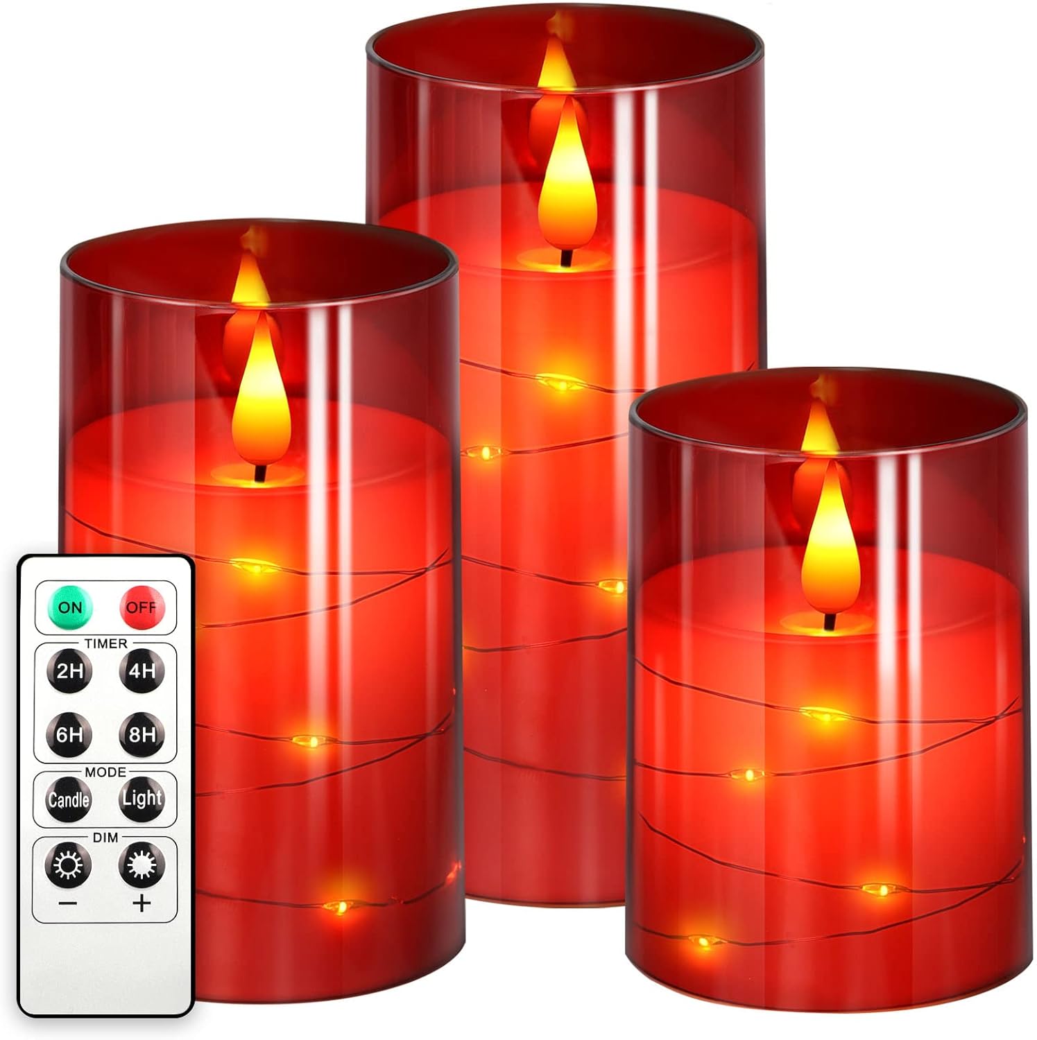 Lighting - NURADA Flickering Flameless Candles: Built-in Star String Lights 3D Wick Acrylic Battery Operated LED Pillar Candles with Remote and Timer for Wedding Birthday Halloween Christmas Decor - Red 3 Pack