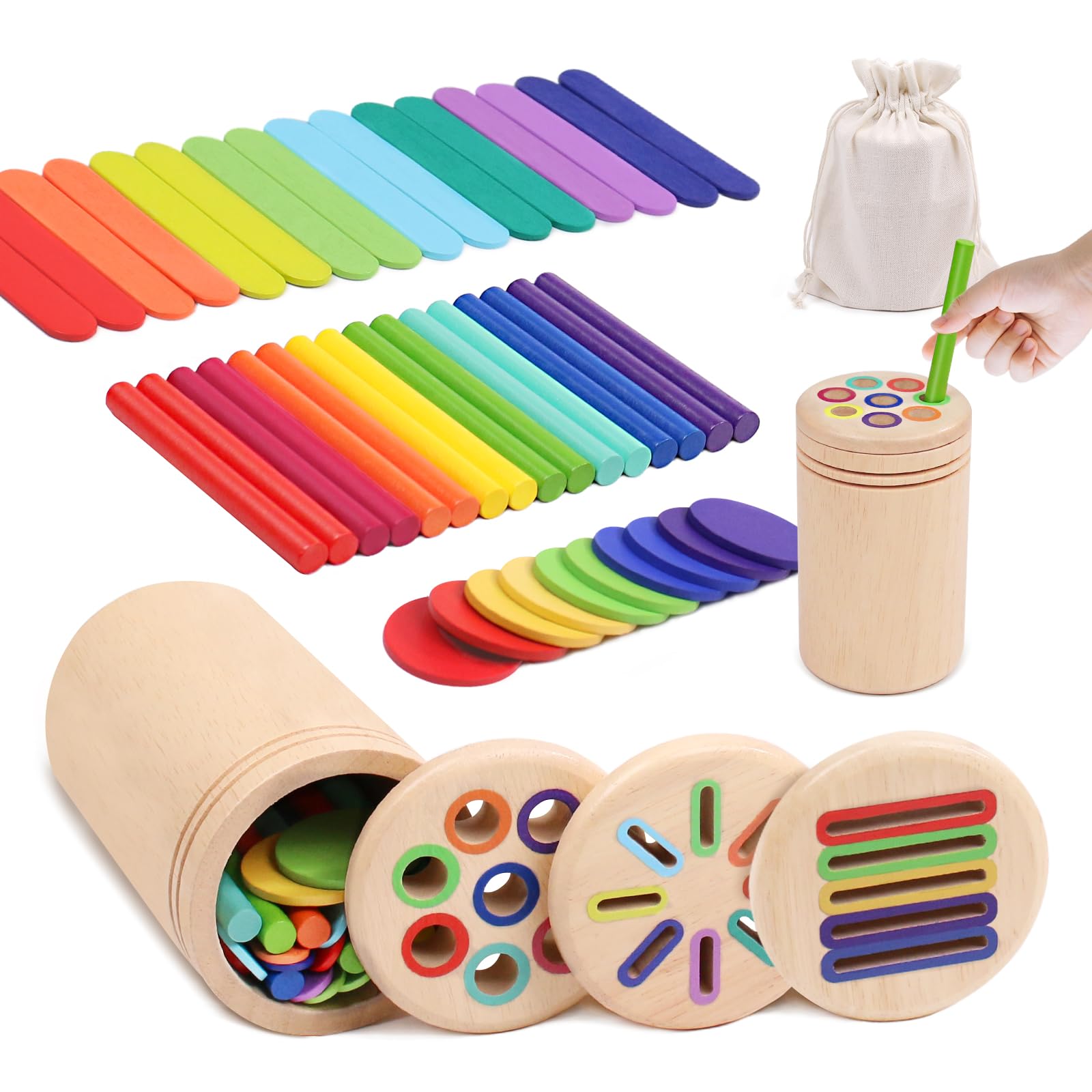 wotoyd Montessori Wooden Toys for 1 2 3 Year Old Boys Girls, 3-in-1 Stocking Fillers Color Sorting Toddler Travel Toys Birthday Gifts Fine Motor Skills Toy for Toddlers Age 1 2 3