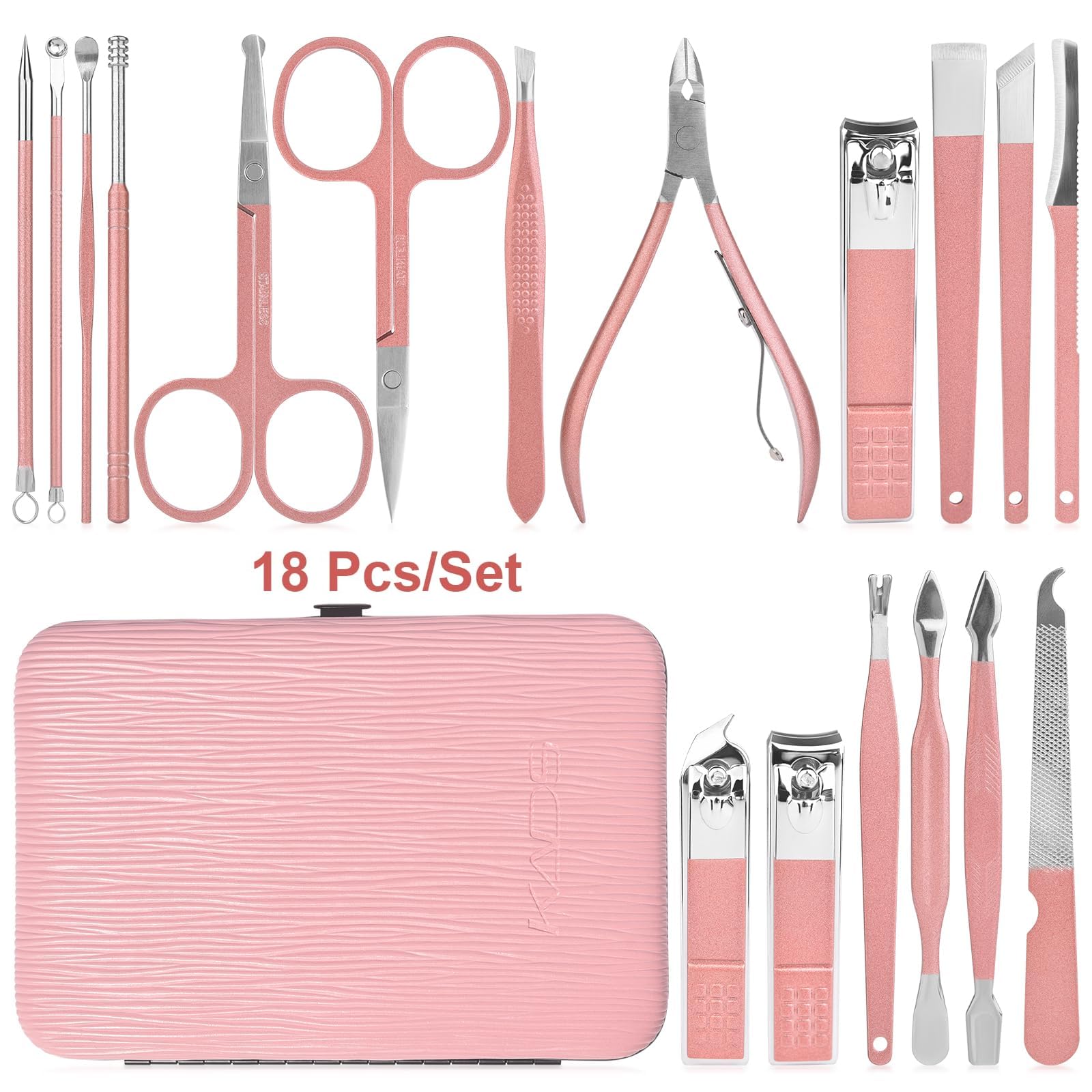 KADS Manicure Set 18 in 1 Professional Pedicure Set Nail Scissors Grooming Clipper Kit with Leather Travel Case Pink