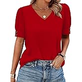 OFEEFAN Womens Tops Short Sleeve Shirts Buttons V Neck Spring Fashion Summer Outfits Plus Size Blouses Dressy Casual