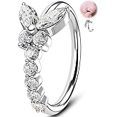 Melighting 20G Butterfly Nose Ring Hoop 8 mm Open Seamless Nose Piercing Jewelry Surgical Steel 316L, Twist Nostril Ring with Marquise and Round CZ, Silver Flower Body Piercing for Women