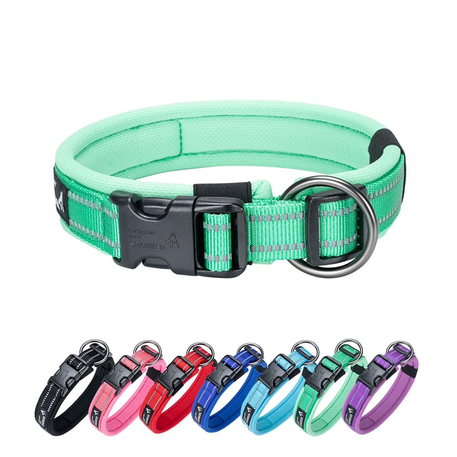EXCELLENT ELITE SPANKER Reflective Dog Collar Classic Soft Padded Breathable Nylon Adjustable Pet Collar with Quick Release Buckle for Boy Girl Male Female Small Medium Large Dogs Training(GRN-M)