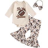 SAYOO Newborn Baby Girl Football Outfit Letter Print Romper Rugby Bell Bottom Pants Bows Fall Coming Home Flare Outfit