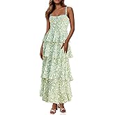 Fisoew Womens Floral Maxi Dresses Spaghetti Strap Casual Sleeveless Ruffle Flowy Tiered Dress