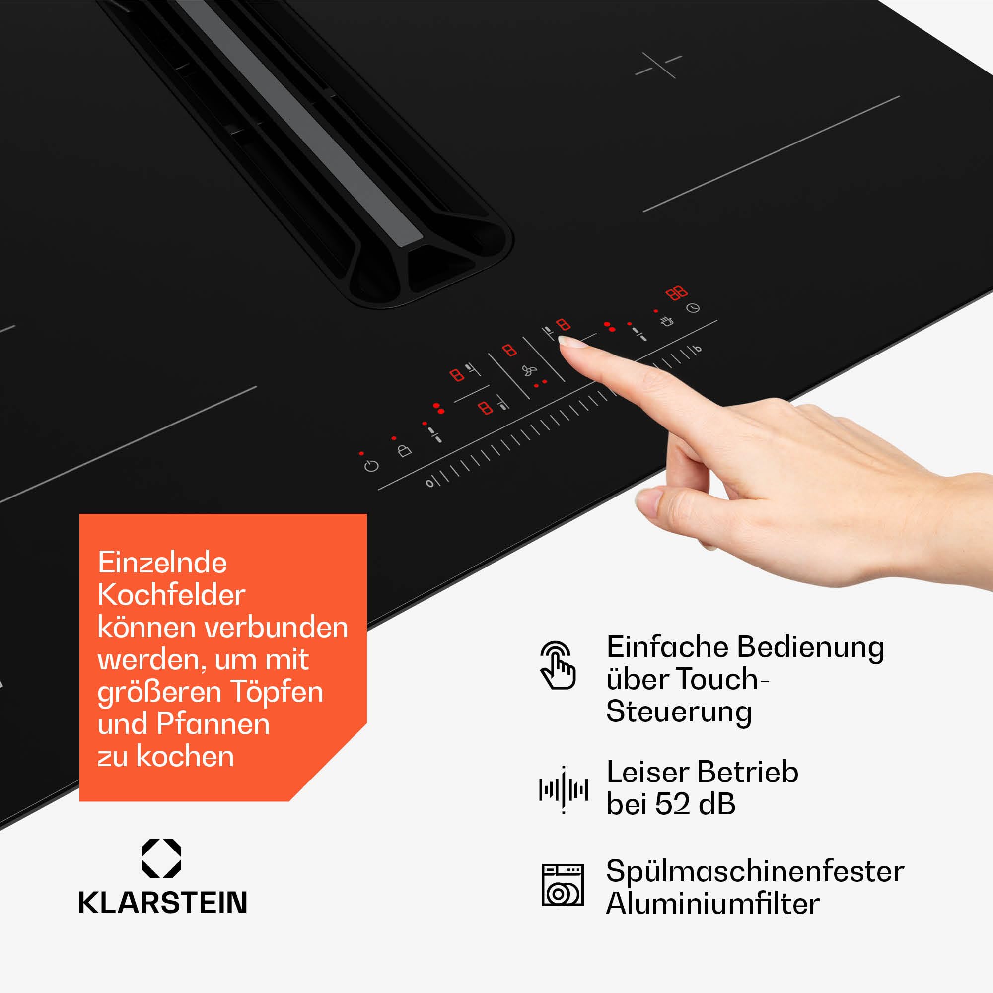 Klarstein AirJet 60 Induktionskochfeld Mit Dunstabzug - 600 m³/h Absaugleistung, Flexzonen, 10.000-W-Boost, Touchpanel, Energieeffizienzklasse A+, Kindersicherung, Edelstahl und Glas, 60 cm 5