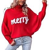 MOBJVIY Women's Merry Christmas Sweater Turtleneck Bigger Sleeves Sweatshirts Ladies Holiday Festival Pullover Sweater