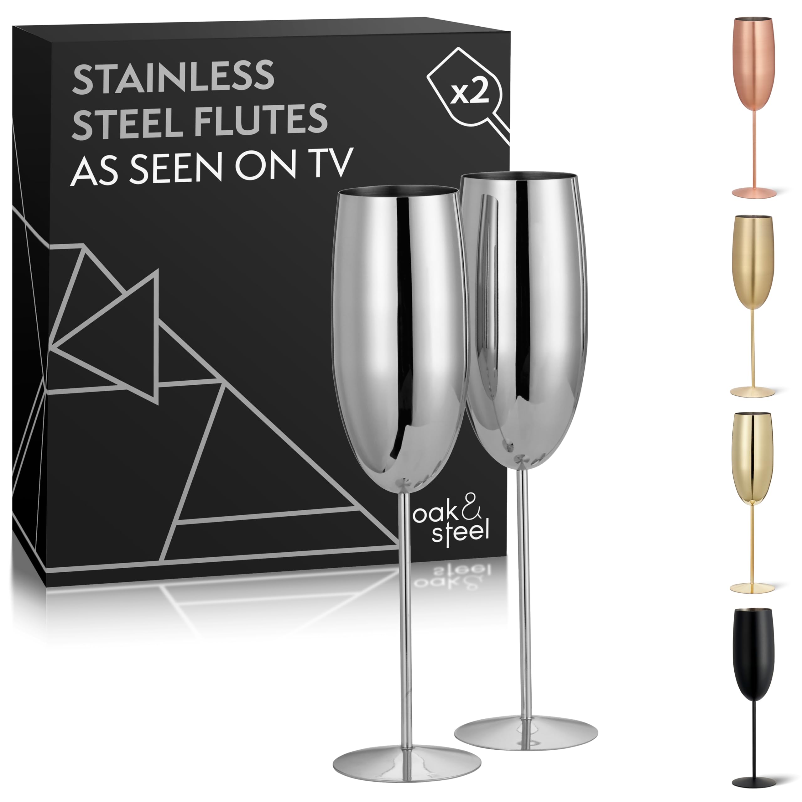 Oak & Steel - 2 Silver Champagne Flutes, 280ml - Stainless Steel Silver Prosecco Glasses with Gift Box