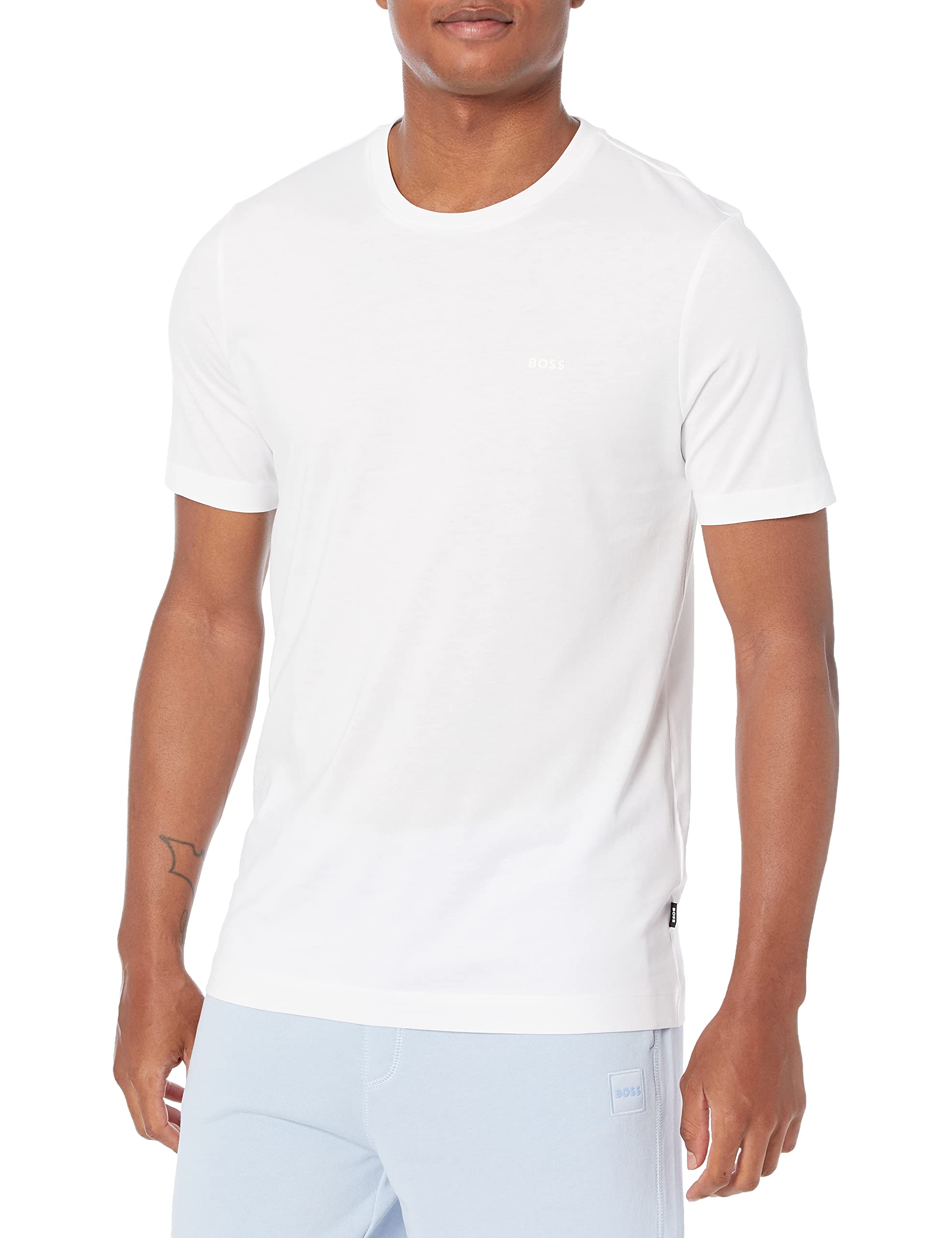 BOSS Men’s Small Logo Cotton Crewneck T Shirt, Basic White, XL