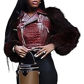 Akmipoem Leather Jacket Women Cropped PU Moto Coat Faux Fur Sleeve Short Biker Jackets Fall Winter Streetwear with Belt