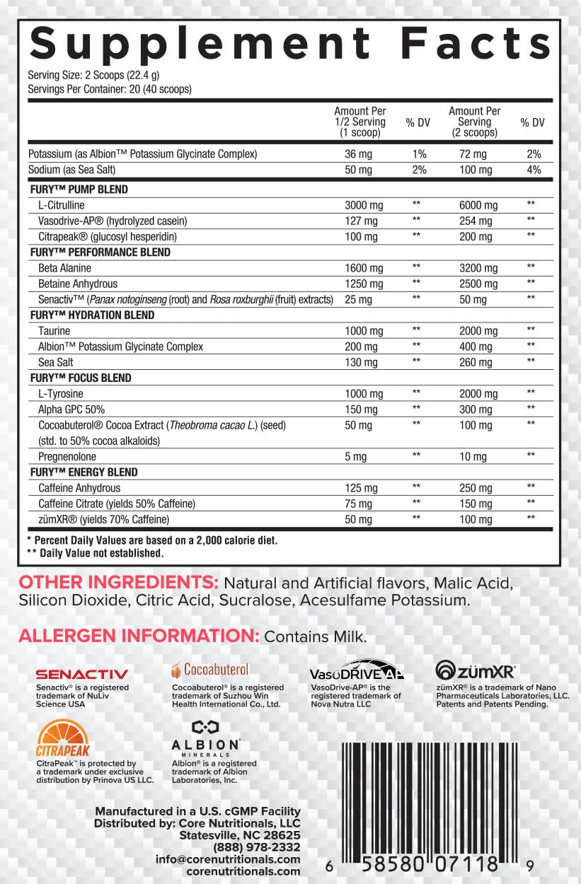 Core Nutritionals Fury V2: Pre-Workout Powder to Maximize Performance in The Gym W/Zum-XR® Caffeine, L-CItruline, and Alpha GPC (40 Scoops) (Strawberry Colada)