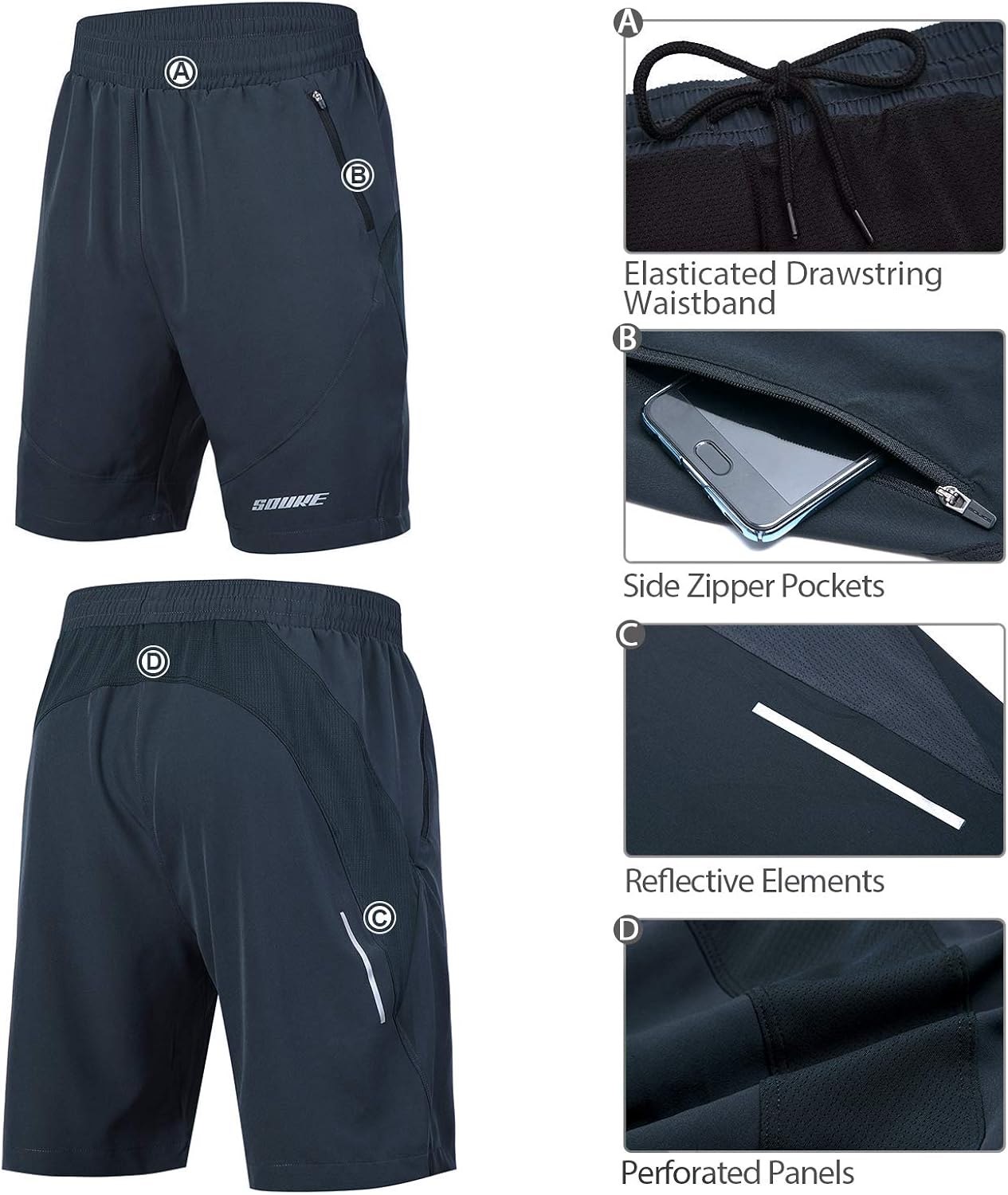 Souke Sports Men's Workout Running Shorts Quick Dry Athletic Performance Shorts Black Liner Zip Pockets: Clothing