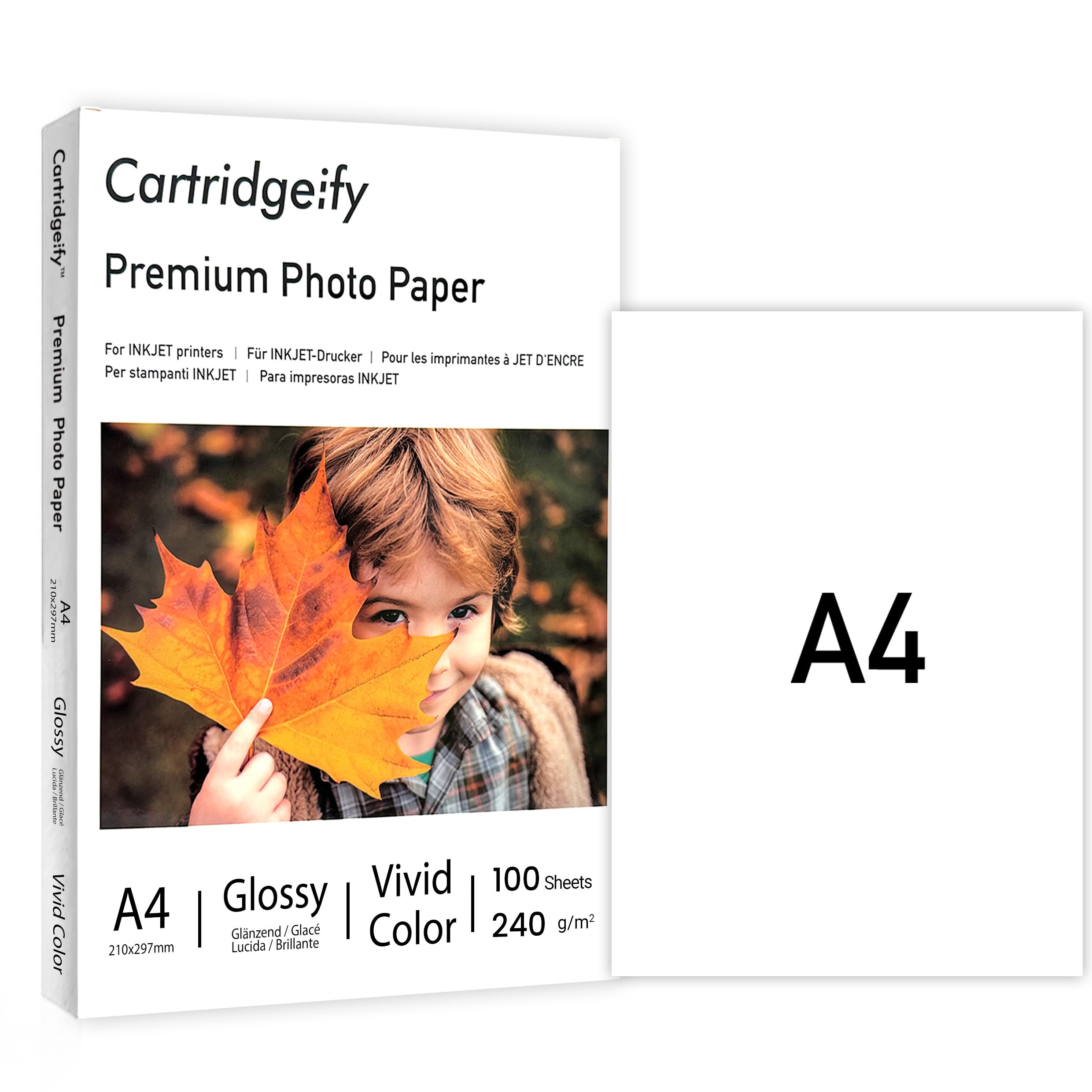 Cartridgeify Premium Inkjet Photo Paper Glossy, A4 210 x 297 mm, 240 GSM, 100 Sheets, for Epson Canon Brother HP Inkjet Printers