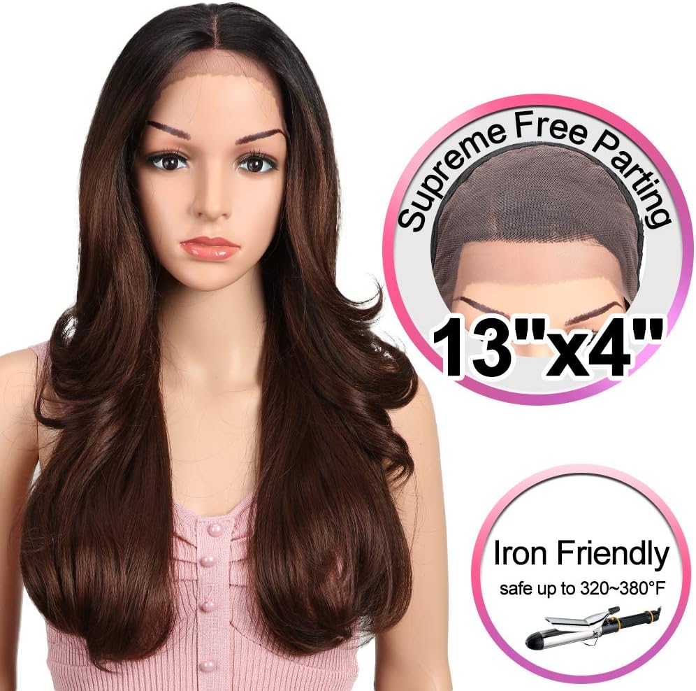 JOEDIR 22" Big Curly Wavy Supreme Free Parting Lace Frontal Wigs With Baby Hair High Temperature Synthetic Wigs For Black Women 180% Density Wigs Ombre Color 250g(TT1B/33)