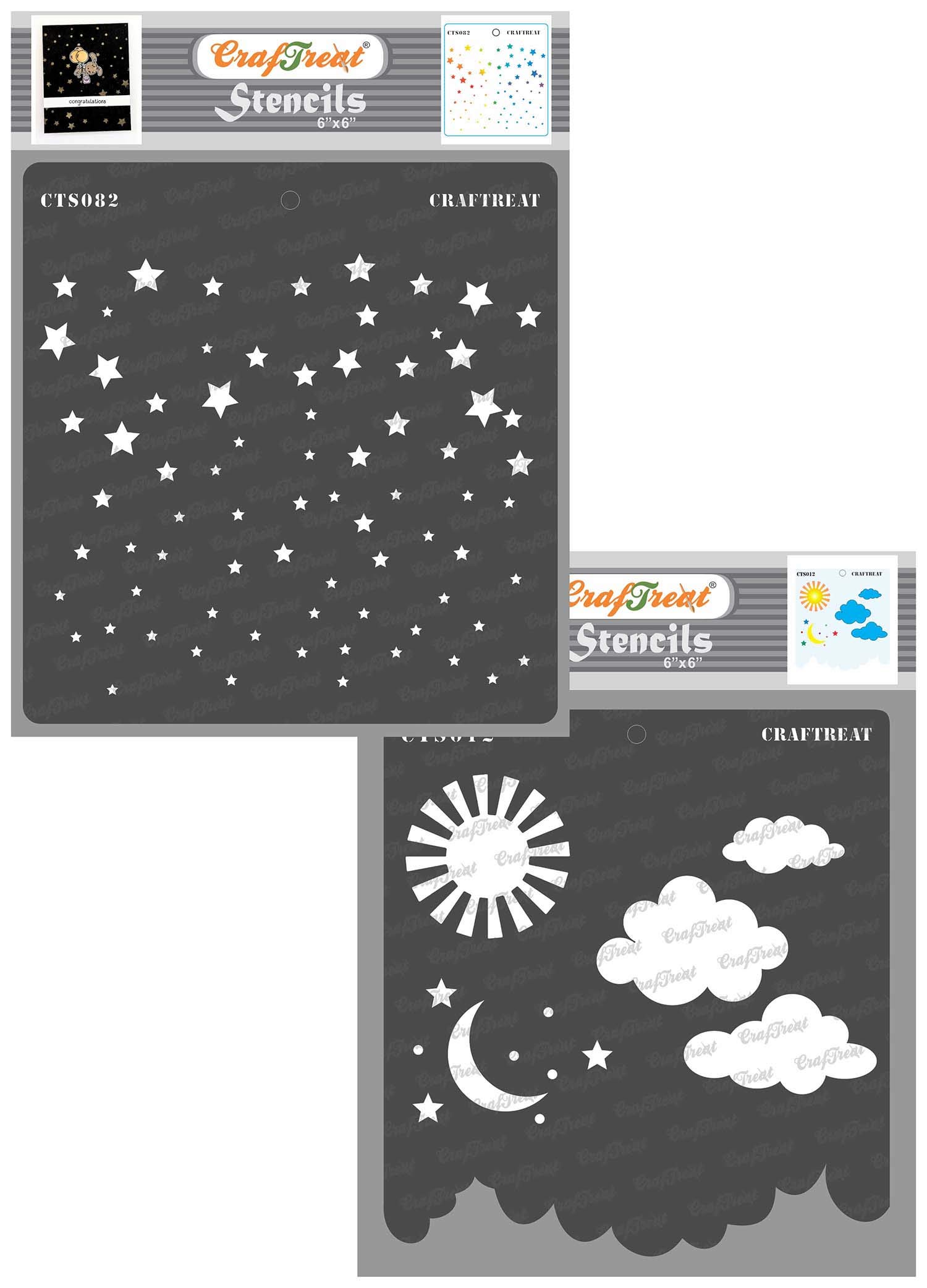 CrafTreat Reusable Star Stencils for Painting on Wood, Canvas, Paper, Fabric, Wall and Tile - Starry Sky and Clouds and Stars - 2 Pcs - 6x6 Inch Each - DIY Craft Stencils - Starry Sky Stencil