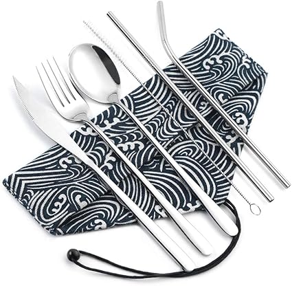 Sunhanny Reusable Utensils With Case 18 8 Stainless Steel Travel Camping Cutlery Set Including Knife Fork Spoon Straws Cleaning Brush Portable Travel Utensil Set With Case For School Hiking Flatware Amazon Canada
