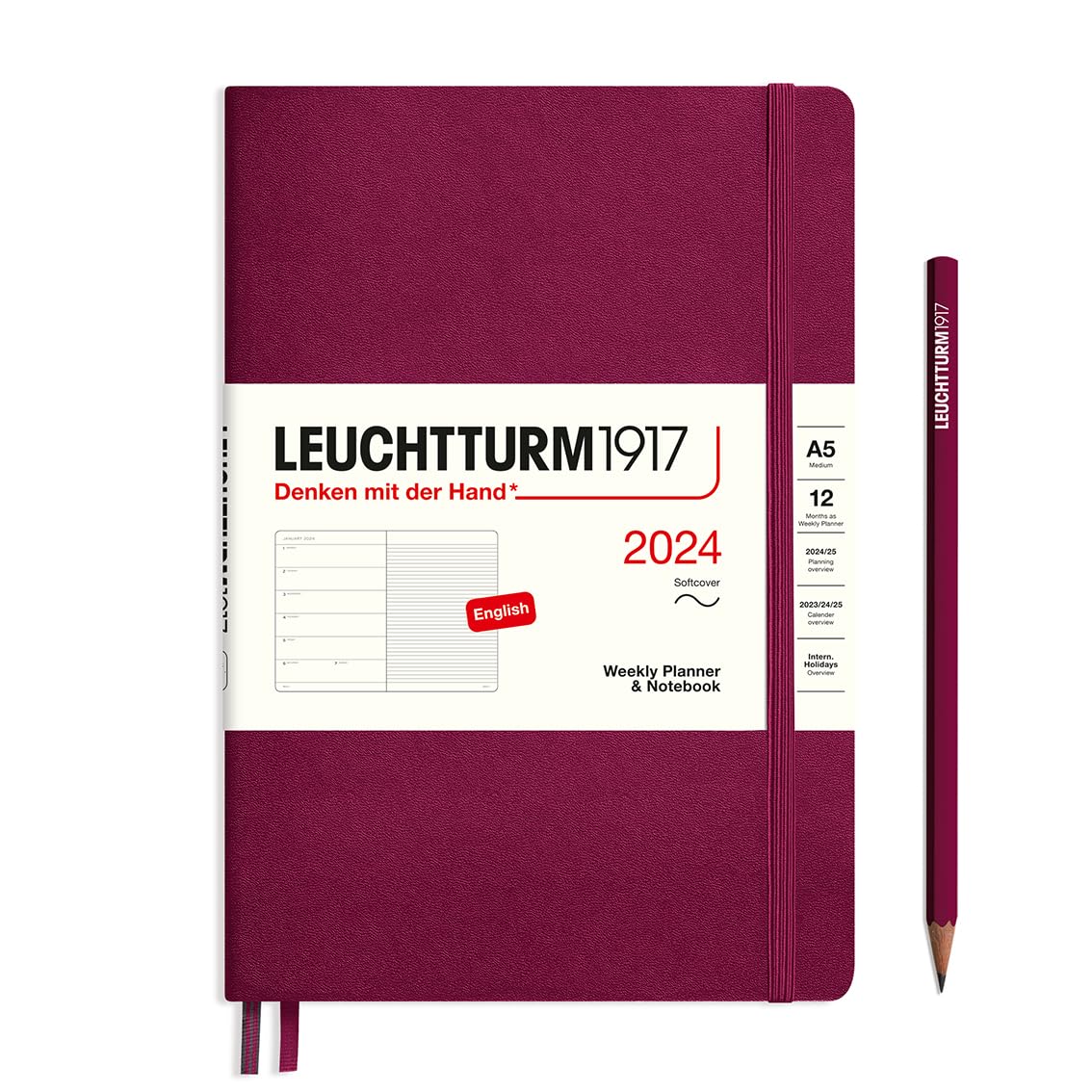 LEUCHTTURM1917 367780 Weekly Calendar & Notebook Softcover Medium (A5) 2024, 12 Months, Port Red, English