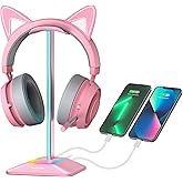 New Bee RGB Headphone Stand with 1 USB-C Charging Port and 1 USB Charging Port, Desk Headset Stand with 7 Light Modes and Non-Slip Rubber Base Suitable for All Earphone Accessories (Pink)