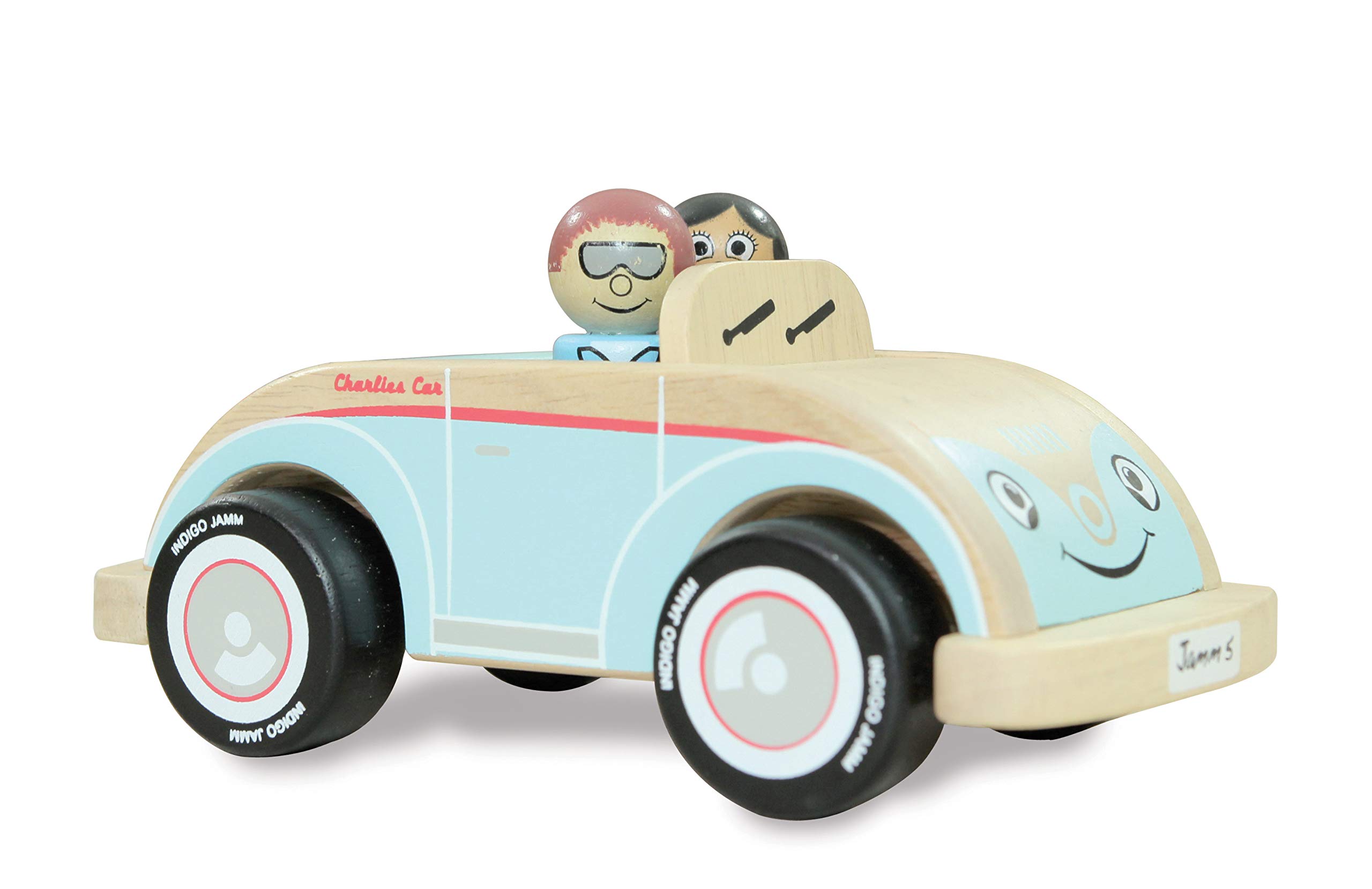 Indigo Jamm Charlies Car, Classic Wooden Toy Vehicle with Open Top Roof and Removable Passengers Toddler Toys for 2 3 4 year old Boy and Girls… (Charlies Car)