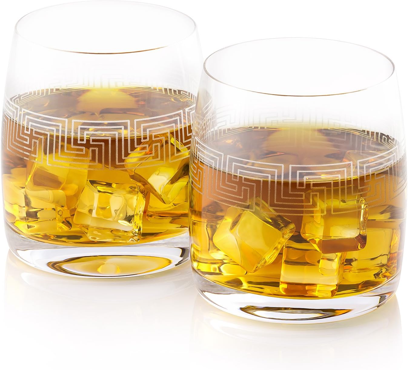 Hand Etched Whiskey Glasses FENDREL | Made in Europe | Ancient Greek Key Pattern | Set of 2 x 9.8 oz Old Fashioned Glasses | Gift Box.